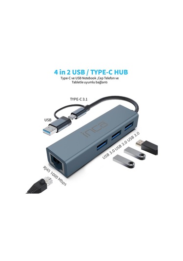 Inca Iutp-03tx Ethernet Usb 3.0+type-c 3.1 Grişli 000 Mbps 3x3.1usb Eternet-çoklayıcı