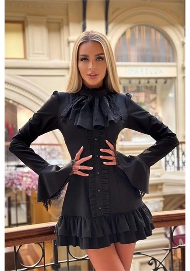 Kadın Siyah Dantel Detaylı Tasarım Elbise Dpnbemp2553 Siyah