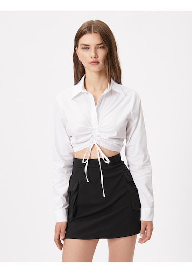 Koton Crop Gömlek Önü Büzgülü Uzun Kollu Pamuklu Beyaz 4wal60022ıw Beyaz