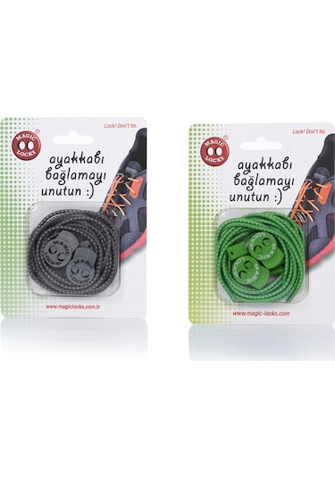 Magic Locks Yuvarlak Akıllı Ayakkabı Bağcık 2'li Set Gri-Yeşil