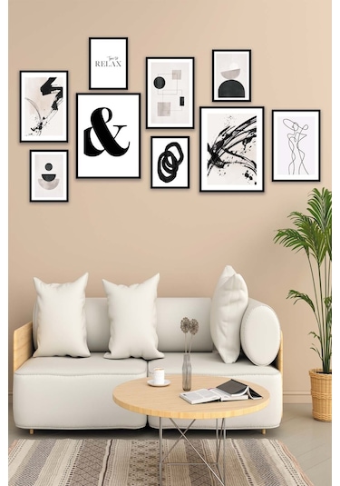 No77decor Siyah Geometrik Ve Line Art Temalı Tablo Seti