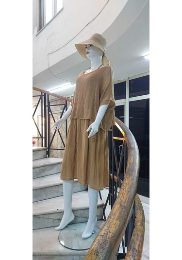 İtalyan Müslin Keteni Üstü File Bluzlu Astarlı Tek Parça Elbise Camel