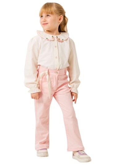 Kız Çocuk Tavşan Nakış Detaylı Pudra Renk Gömlek Pantolon Takımı Pudra