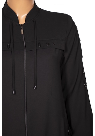 Hesna Kadın Selvi Dokuma Krep Kuş Gözü Aksesuarlı Siyah Ferace 001