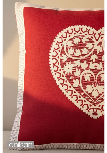 Kalp Desenli Çift Taraflı Kırlent Kılıfı - 45x45 Cm Yılbaşı Dekoratif Kırmızı - Beyaz
