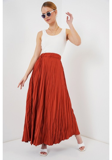 Kadın Uzun Kırışık Etek 8042 - Kiremit Kiremit