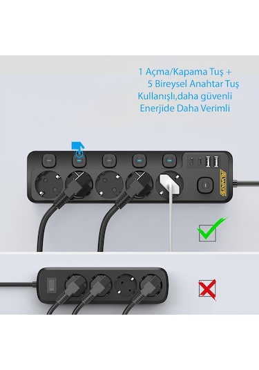 3680w Anahtarlı Akım Korumalı 5'li Grup Priz Çocuk Korumalı 2x Usb + 2x Type-c 2 M