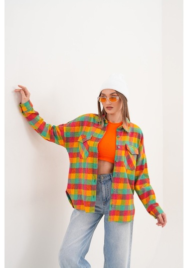 Kadın Desen Bloklu Oduncu Oversize Bol Ve Geniş Kalıp Casual Cepli Yakalı Ceket Gömlek Sarı