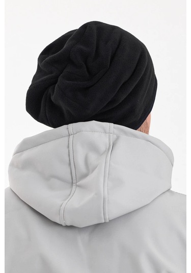 Erkek Siyah Polar Dış, Kahve Pamuklu Iç Kısım, Çift Renk Çift Katmanlı Katlanabilir Yumuşak Bere - Standart / Siyah-lacivert Siyah-lacivert