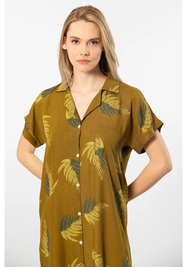 Türen 3601 Kadın Kısa Kollu Dokuma Gömlek Elbise -haki Haki