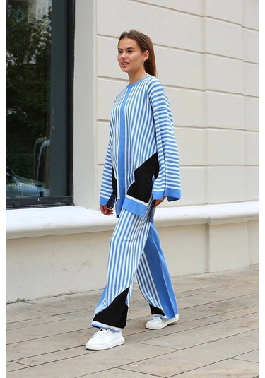 Çizgili Bisiklet Yaka Triko Takım Mavi Mavi
