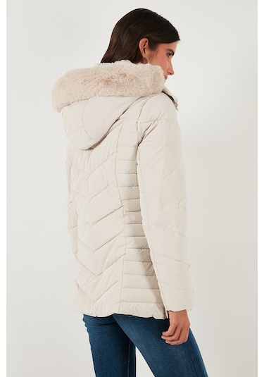 Lela Kapitoneli Slim Fit Çıkarılabilir Kapüşonlu Bayan Mont 497Mara Taş