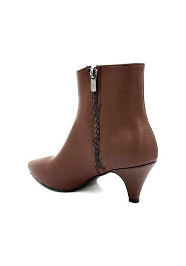 Beyaz Pine Cone İnce Topuklu Sivri Burun Fermuarlı Günlük Kadın Kısa Çizme Kahve Kahve