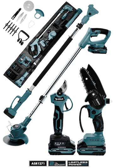 Assur Asr1271 4'lü Set 21v Teleskopik Bağ Makası & Çim Biçme Makinesi & Budama Testeresi Mavi