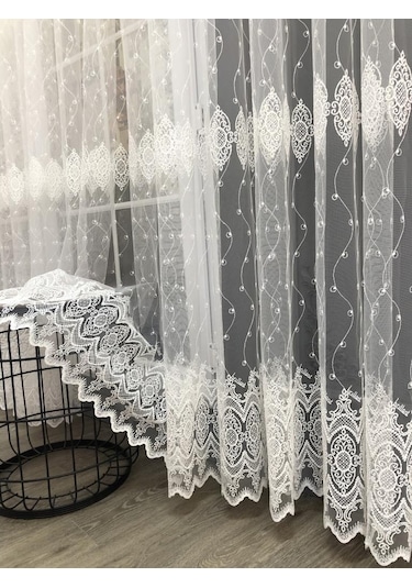 Tül Perde Çerçeve Desen Brillant Marka Sedef Sim Brode Işleme Ekru