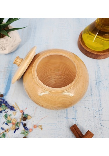 Ahşap Kapaklı Şekerlik Tuzluk Baharatlık Çerezlik Kase Naturel