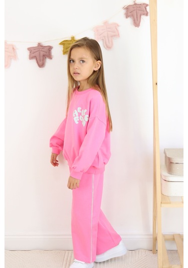 Kız Çocuk Hello Fun Baskılı İspanyol Paça İki İplik Eşofman Takımı Koyu Pembe
