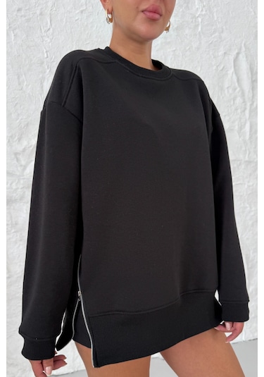 Kadın Siyah Bisiklet Yaka Yanı Yarım Fermuar Detaylı Sweatshirt Siyah
