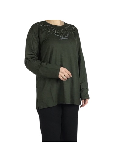 Kadın Yakası Taşlı Likralı Büyük Beden Bluz Arpbattal1 Haki