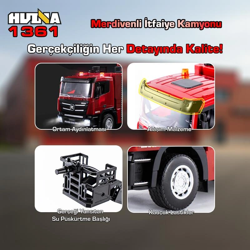 Huına 1361 1/18 15ch Rc Model Uzaktan Kumandalı Merdivenli Yangın Söndürme İtfaiye Kamyonu İş Makinesi -su Püskürtme Fonksiyonlu-2.4g Gerçekçi Similasyon Ses Ve Işık Sistemi