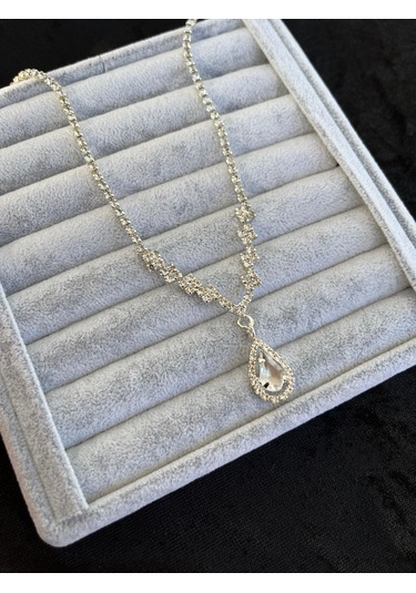 Gümüş Renk Düğün Nişan Kına Damla Zirkon Taşlı Kararmaz Paslanmaz Abiye Kolye