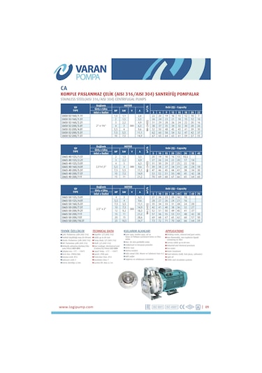 Varan Ca 50-32-200/7.5t Paslanmaz Santrifüj Pompa 10 Hp / 7.5 Kw, Trifaze 380 V, 67 Mss Aısı 316