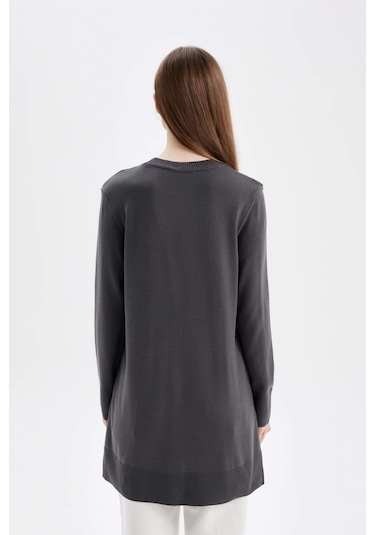 DeFacto Regular Fit Bisiklet Yaka Yırtmaçlı Basic Düz Triko Kazak Tunik H3431AZ24AUAR161 Antrasit