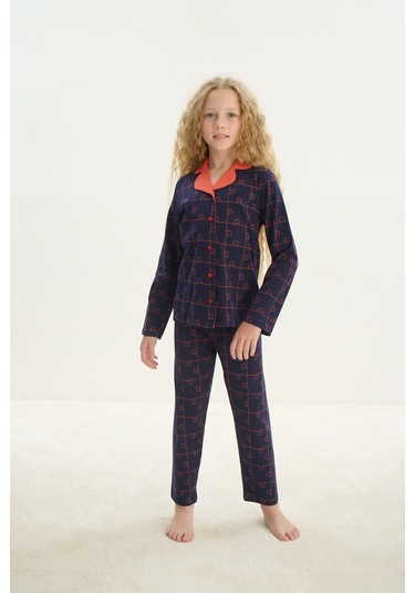 Sevim Kız Çocuk Uzun Kol Gömlek Yaka Önden Düğmeli Lacivert Pijama Takım C0t1n7o8 001