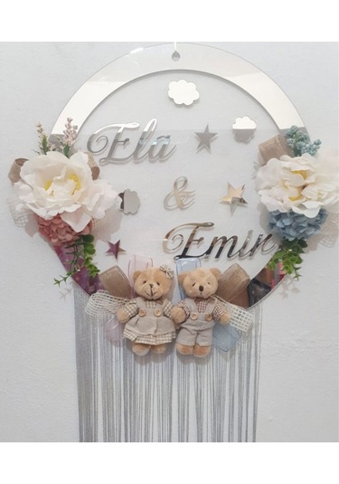 İkiz Bebek Odasi Ayicik Süslemeli Şeffaf Pleksi Kapı Süsü Çok Renkli