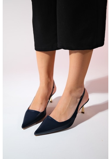 Luvishoes Marten Laci Cilt Kadın Sivri Burun Arkası Açık İnce Topuklu Ayakkabı Lacivert