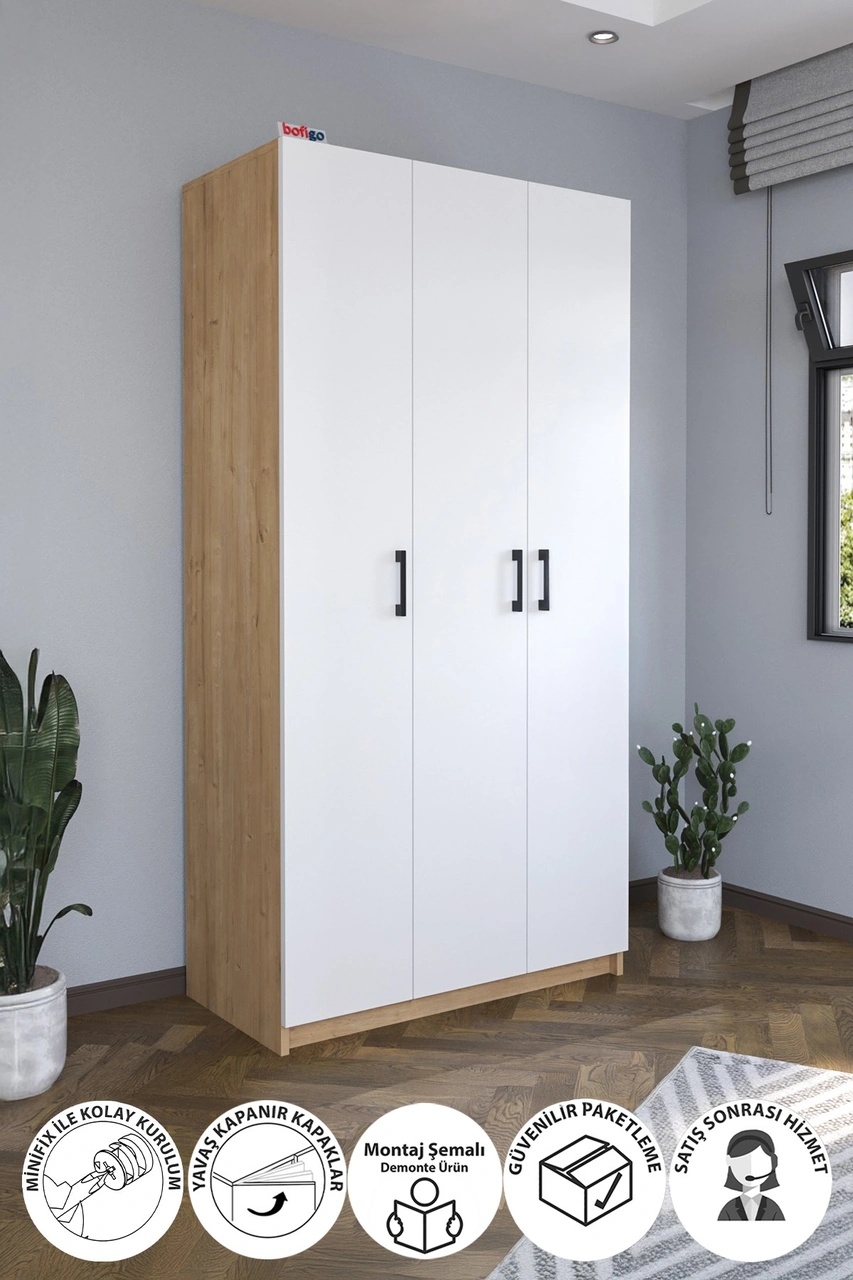 3 Kapaklı 8 Raflı Gardırop Elbise Dolabı 3 Kapaklı Gardırop Smyrna Safir Meşe Beyaz Safir Meşe