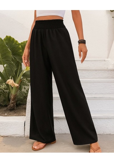 Munn Collection Kadın Yüksek Bel Lastikli Ithal Krep Pantolon Siyah