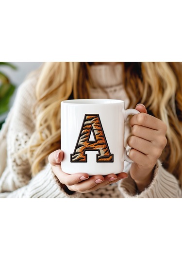 A Harfi Kaplan Figürlü Nakış Desenli Kupa Bardak - Kişiye Özel Vahşi Hayvan Desenli Kupa - Hediye Beyaz