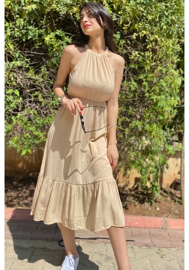 Trend Alisse Kadın Bej Halter Yaka Midi Boy Yazlık Bodrum Elbise Taş