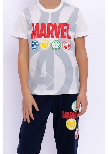 Avengers Lisanslı Marvel Krem Erkek Çocuk Bisiklet Yaka Pijama Takımı Krem