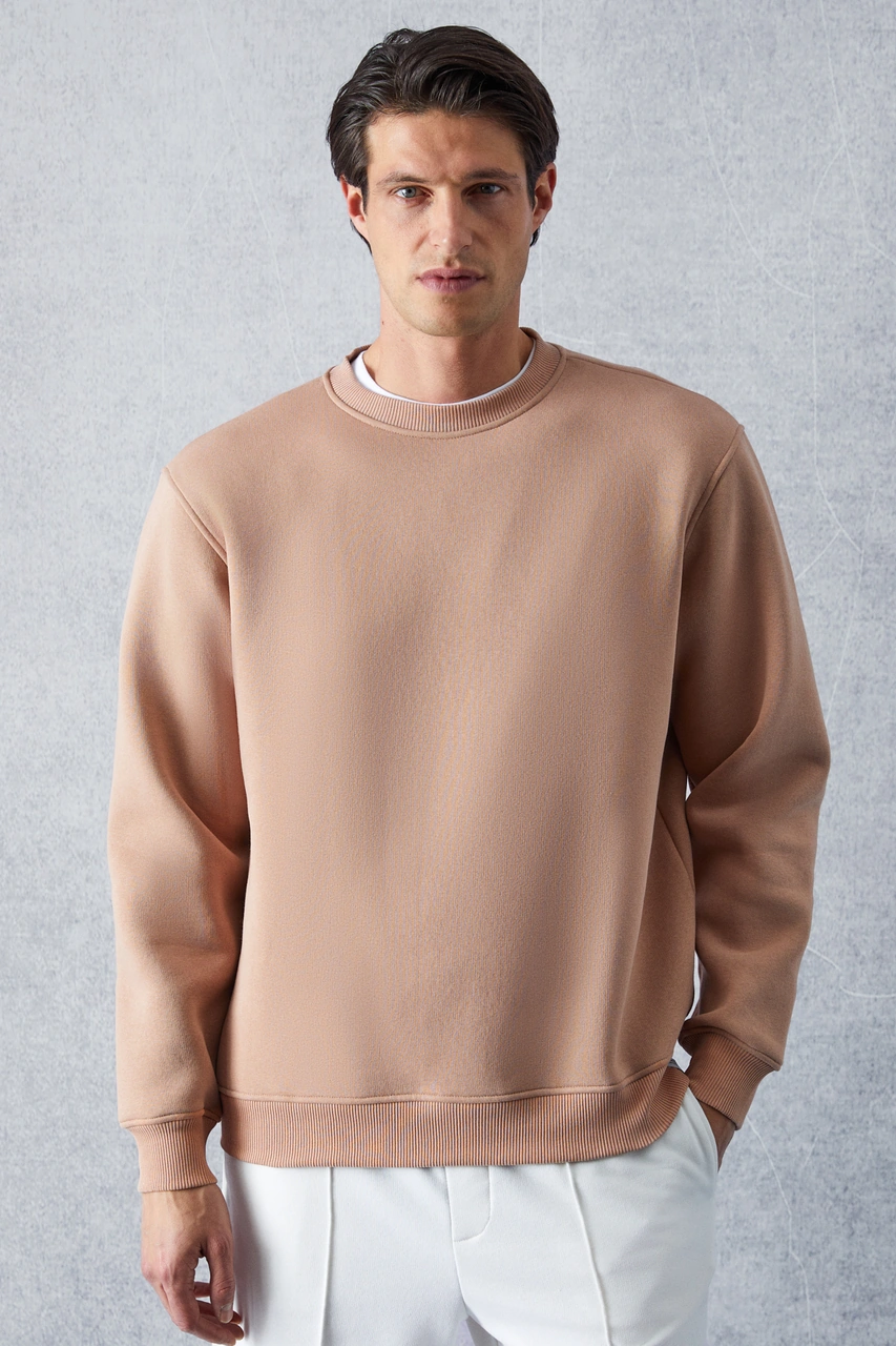 Grımelange Travıs Erkek Organik Kumaşlı Yumuşacık Regular Fit Yuvarlak Yakalı Bej Sweatshirt Bej