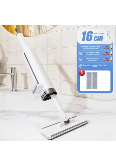 Hombey El Yıkamadan Kurtarır Mini Düz Tabaklı Mop - Masa, Mutfak, Banyo İçin Su Emici Hafif Tasarım Beyaz, 2 Bezli Standart Diğer