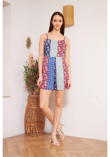 Bordo Desenli Patchwork Şort Tulum Dm4003 Mavi