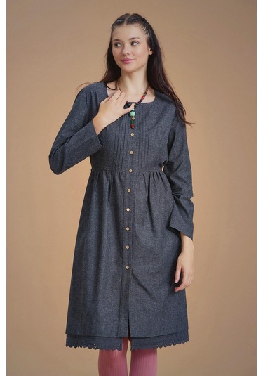 Nervürlü Yaka Dantelli Uzun Kollu Gri Elbise Desenli