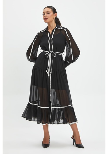 Şifon Ve Bağcıklı Midi Boy Elbise - Kontrast Şerit Detaylı - Günlük Ve Özel Günlük Şıklık Siyah