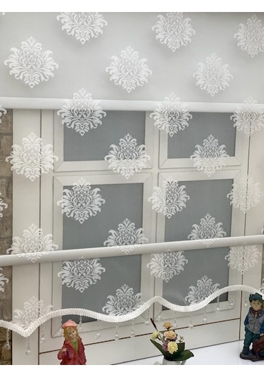 Ekru Renk Damaks Ve Osmanlı Desenli Çiftli Tül Stor Perde