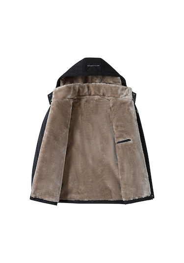 Rüzgar Geçirmez Pamuklu Kadife İçi Büyük Beden Erkek Kaban Koyu Gri