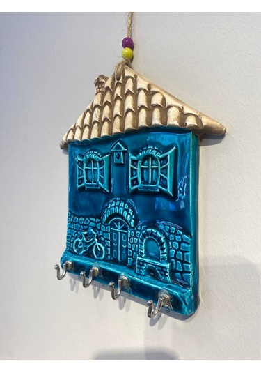 El Yapımı Nazar Boncuğu, Duvar Dekorasyon Ürünü, Seramik, El İşçiliği, Turkuaz Renkte Ev Desenli Anahtarlık -