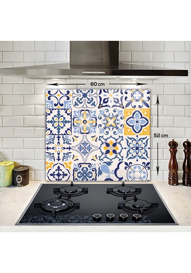 Decorita Mavi Çini Desen | Cam Ocak Arkası Koruyucu | 52cm x 60cm