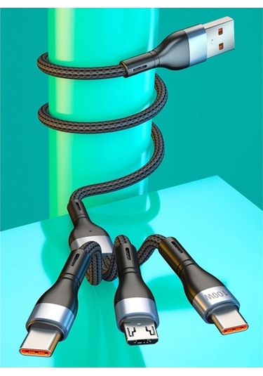 Prestigegoods İphone Uyumlu Android C Tipi 3'ü 1 Arada 100w Hızlı Şarj Usb Kablosu