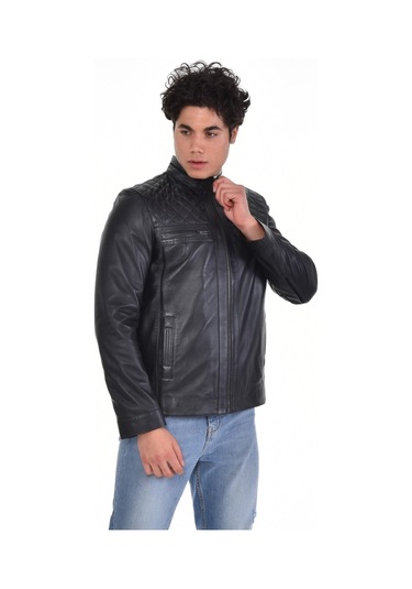 Hakiki Deri Siyah Erkek Deri Mont Omuzdan Baklava Desenli Dört Cepli Deri Ceket Siyah