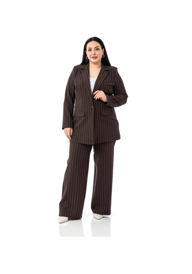 Büyük Beden Çizgili Kahverengi Ceket Pantolon İkili Takım Kahverengi