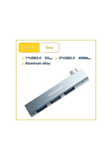 Cbtx Essager 3'ü 1 Arada Usb Hub Ayırıcı 1 Usb3.0 + 2 Usb2.0 Bağlantı Noktası Tip-c Tablet Dizüstü Bilgisayar İçin Alüminyum Alaşımlı Adaptör - Gri