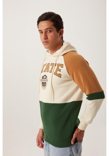 Erkek Parçalı Kapüşonlu 3 İplik Sweatshirt Ekru