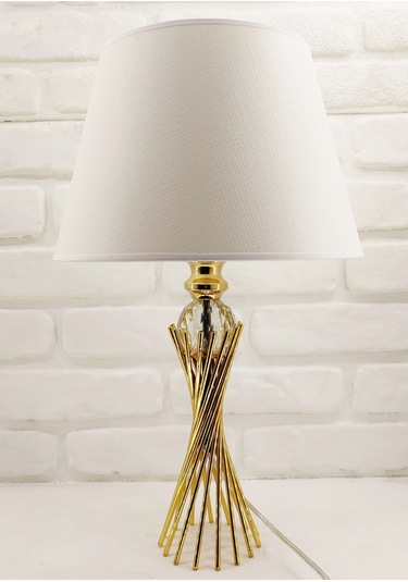 Gold Kaplama Burgu Metal Ayaklı Kristal Cam Toplu Beyaz Abajur Altın